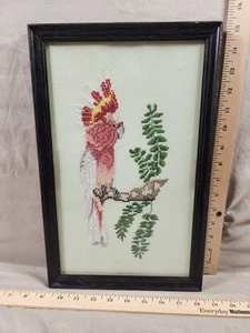Vintage MCM Decor Cockatoo Needlepoint On Canvas Framed  - Picture 1 of 2