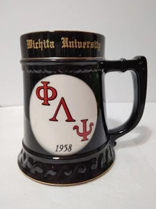VTG 1958 Wichita University Omega Lambda Psi Ceramic Mug Stein Black Gold 5.75 - Picture 1 of 7
