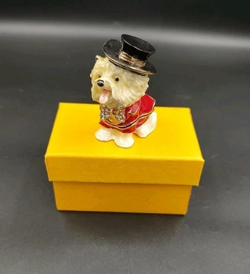 Caja de baratija esmaltada para perro maltés con esmoquin y sombrero de copa Foto 1 de 4