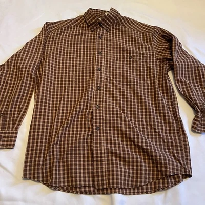 Camisa TravelSmith Para Hombre Grande Marrón Cuadros Guinga Manga Larga Elastizada Abotonada Foto 1 de 4