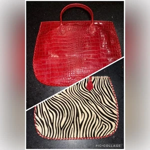 VINTAGE NEW Cecconi Piero Zebra Print Calf Hair and RED Leather Tote. NEW - Picture 1 of 12