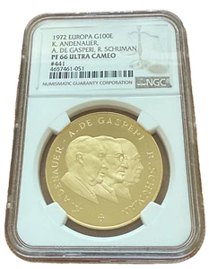 Germany 1972 Gold Medal 100 Ecu NGC PF66UC Adenauer, De Gasperi and Schuman - Picture 1 of 2