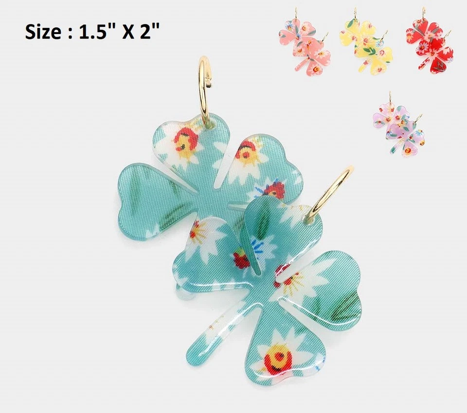 Pendientes Gancho Perforados Flor Trébol 4 Hojas Día de San Patricio Lucite Transparente Foto 1 de 1