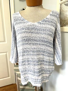 NWT Chico's size 0 SMALL blue white Striped Knit Yarn V-neck Pullover Sweater - Picture 1 of 5