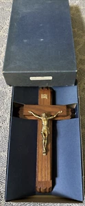 Walnut Stain 12" Sick Call Crucifix Set, Candles and Holy Water Bottle in Box - Picture 1 of 9