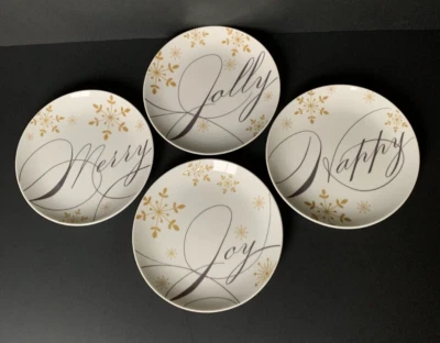 Pier 1 Holiday Wishes Porcelain Plates Gold on White 6" Set of 4 - Image 1 of 4