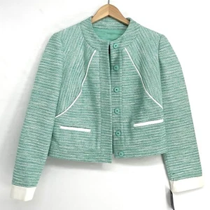 Magaschoni Collarless Lady Style Jacket Size Small Aqua Stripe Tweed Boucle Boxy - Picture 1 of 6