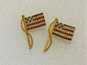 VTG Rhinestone USA American Flag Gold Tone Brooch Pin Lot Of 2 - Picture 1 of 10