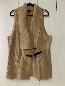 Chaps Womens SZ 2x Shawl Tan Cable Knit Woven Brown Belt Toggle Sweater Vest - Picture 1 of 5