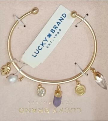 LUCKY BRAND 🍀 GOLD QUARTZ AMETHYST HEALIING GEMSTONES CHARM BANGLE BRACELET NIB - Image 1 of 3