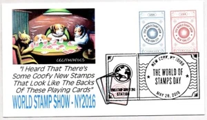 #5062 #5063 WORLD STAMP SHOW 2016 NEW YORK, DOGS PLAYING POKER FDC ARTWORK - Picture 1 of 1