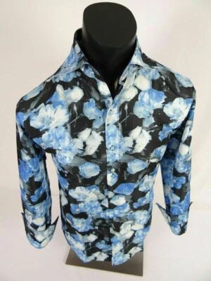 Camisa de vestir para hombre Daniel Ellissa cuello alto botón delantero audaz negra azul floral Foto 1 de 4