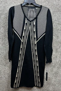NUEVO CON ETIQUETAS~Vestido Suéter Tejido Elástico Ivanka Trump ~Pequeño~ Geométrico Negro/Champagne - Imagen 1 de 9