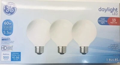 3- GE Daylight G25 60 Watt LED 5.5 Vanity Globe Light Bulbs 500 Lumens Dimmable - Image 1 of 3