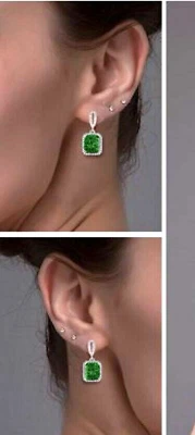 2.0Ct Lab-Created Green Emerald Halo Drop Dangle Earrings 14K White Gold Plated - Image 1 of 4