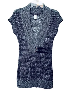 Wet Seal Womens L Black White Belted Shawl Collar Cap Sleeve Y2K Tunic Sweater - Picture 1 of 9