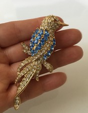 Nolan Miller Gorgeous Rhinestone Encrusted Blue Bird Of Paradise Brooch