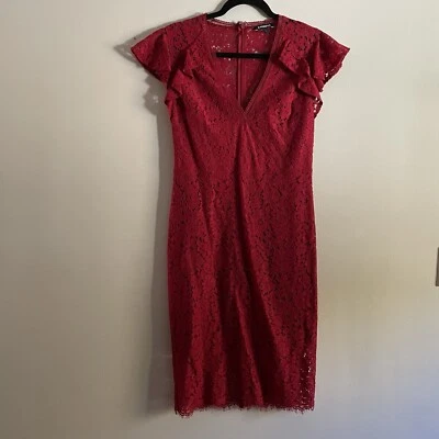 Vestido Vaina Midi Express Mujer Talla 6 Rojo Encaje Volantes Manga Acampanada Cuello en V Foto 1 de 4
