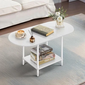 White Coffee Tables for Living Room Mid Century Oval Center with Storage Shelf - Picture 1 of 8