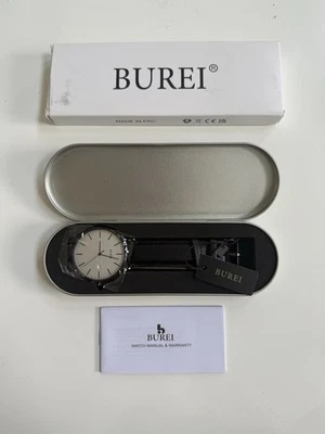 Relógio de pulso masculino BUREI moda minimalista analógico data branca com couro preto - Imagem 1 de 4