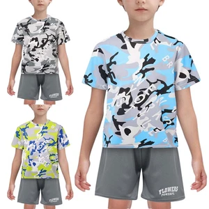 Kids Boys Outfit Running Suit Tracksuit Set Soccer Summer Workout Round Neck - Picture 1 of 39