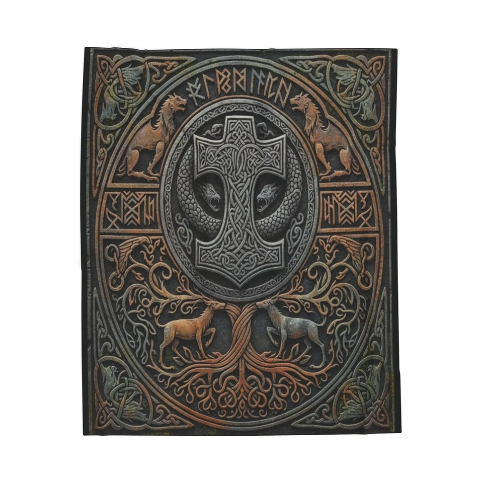 Velveteen Plush Blanket, Norse Design Blanket, Scandinavian Throw, Cozy Bedding, - Image 1 of 1