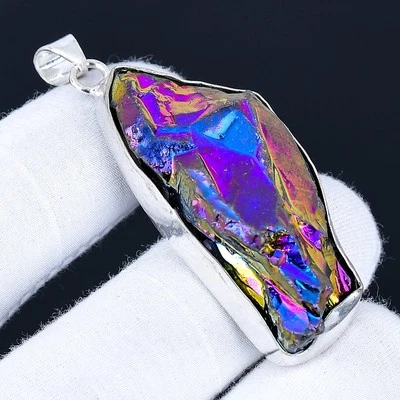 Rainbow Titanium Druzy 925 Silver Plated Handmade Pendant of 2.32" - Image 1 of 3