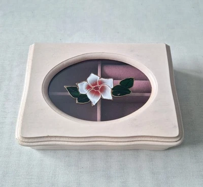 Vintage Mele Wooden Beige Jewellery Box Glass Hand Painted Velvet Lined VGC - Image 1 of 4