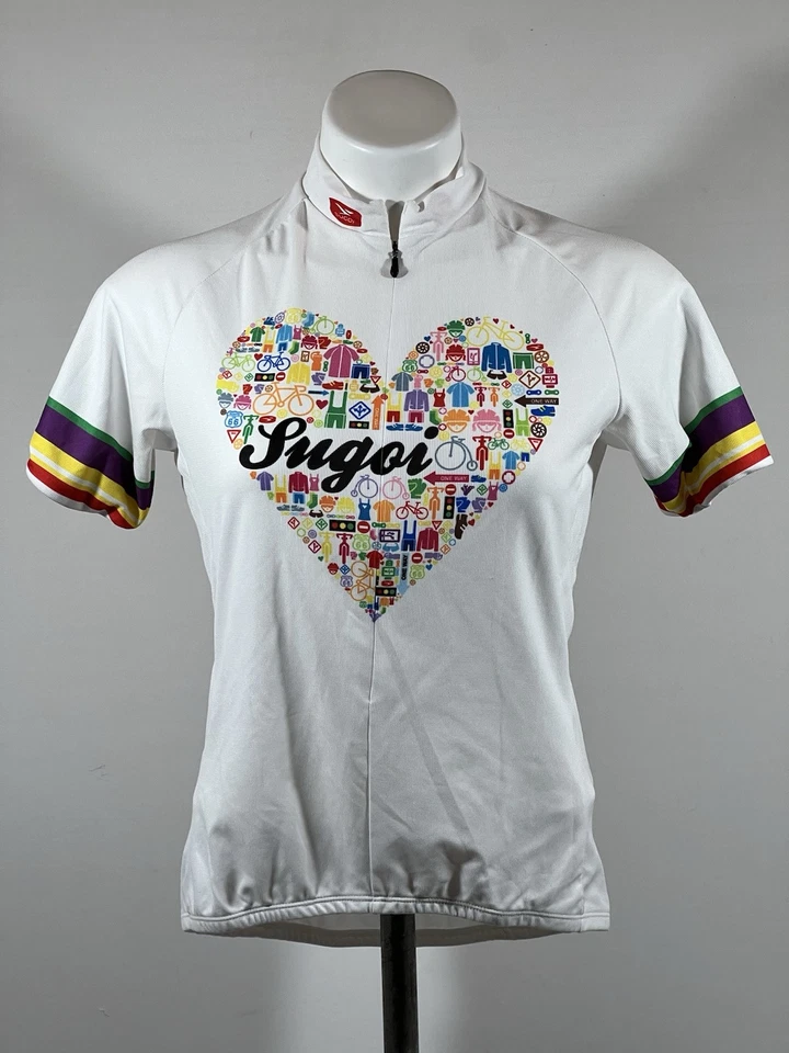Camiseta deportiva de ciclismo Sugoi para mujer S/P blanca manga corta logotipo corazón malla 3 bolsas Foto 1 de 4