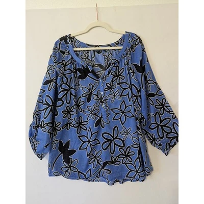 Blusa Westbound Mujer 2X Manga 3/4 Azul Negra Floral Algodón Ligera Fina Foto 1 de 4