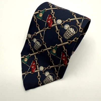 Hathaway Golf Tie Mens Navy All Silk Novelty Golf Clubs Balls Flags Made USA - Image 1 of 4