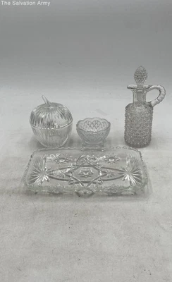Designer Crystal Clear Tray Bowl Decanter And Candy Jar With Lid Lot Of 4 - Image 1 of 4