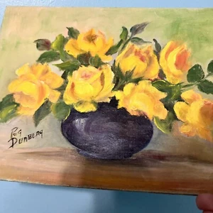 VTG Oil Painting Canvas Yellow Roses Signed Dunberg Still Life 9 X 12 Unframed - Picture 1 of 6