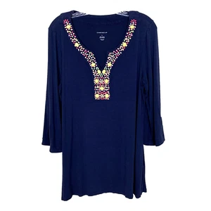 Charter Club Womens L Tunic Top Beaded V Neck 3/4 Sleeve Navy Resort Cruise - Picture 1 of 14