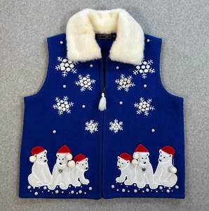 Winter Eisbär Lisa International Weste blau Schneeflocke zierlich XL Wolle Kunstfell - Bild 1 von 8