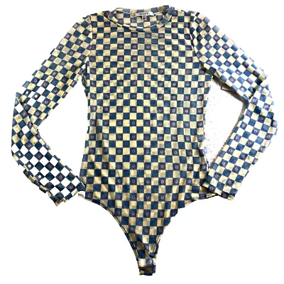 Body Gaze Mujer Talla S Azul Cuadros con Flor Cuello Redondo Corte Alto Manga Larga Nuevo con Etiquetas Foto 1 de 4