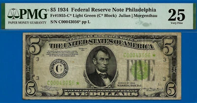 1934 $5 Federal Reserve Note PMG 25 rare 7 known Philadelphia star Fr 1955-C* - Image 1 of 3