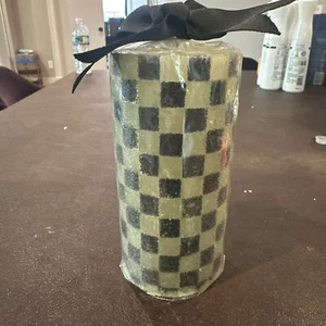 Mackenzie Childs Courtly Check 6" Pillar Candle Frosted Sugared Sealed Green Hue - Picture 1 of 7