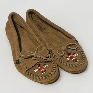 Minnetonka Thunderbird W Size 6 Brown Tan Leather Suede Moccasins Beaded Fringe - Picture 1 of 7