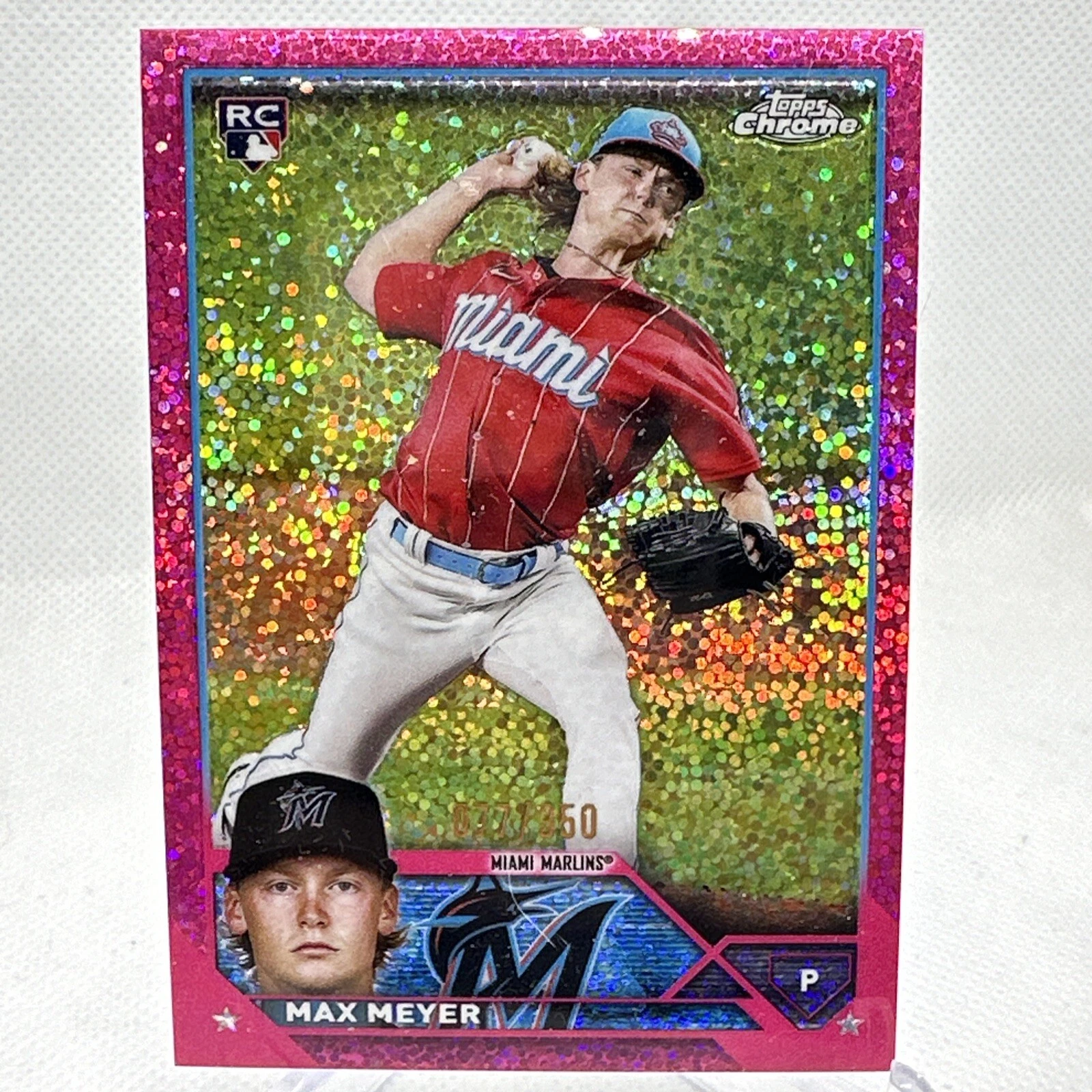 2023 Topps Chrome Max Meyer RC Magenta Speckle Refractor 77/350 Marlins #104