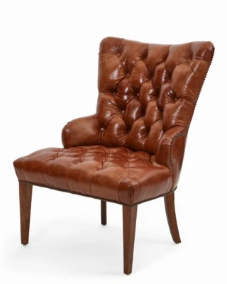 Silla auxiliar inglesa de mediados de siglo de cuero marrón acolchada para biblioteca   Foto 1 de 4