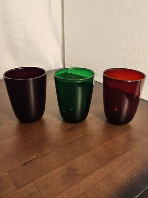 Set of 3 VTG Ruby Red, Burgundy, Green Glass Cups Tumbler Made In INDIA - Image 1 of 4