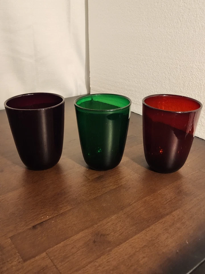 Set of 3 VTG Ruby Red, Burgundy, Green Glass Cups Tumbler Made In INDIA - Image 1 of 4
