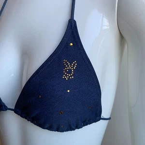 Playboy Swimwear Crystal bunny logo navy blue  triangle bikini top swimsuit - Picture 1 of 5