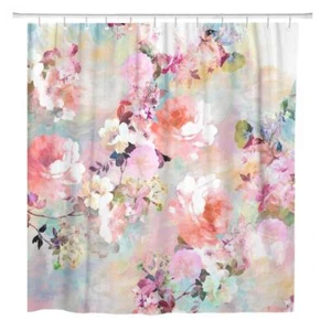 Shower Curtain Colorful Flowers Romantic Pink Teal Watercolor Chic Floral Pat... - Picture 1 of 5