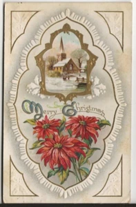 Vintage Embossed Postcard Christmas: Winter Church scene, Poinsettia - Picture 1 of 2