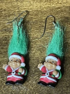 Russ Vintage Miniature Troll Christmas Earrings Santa Suit with Green Hair - Picture 1 of 3