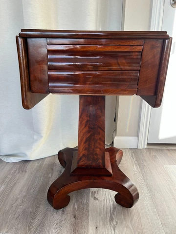 Antique American Empire Flame Mahogany sewing work table night side stand drop Cover