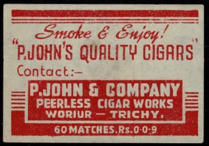 Matchbox Label P. John & Company. India, tamaño normal de caja de cerillas. - Imagen 1 de 1