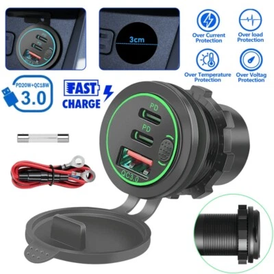 12V Dual USB C Steckdose 3.0 QC PD Einbau Buchse Wasserdicht KFZ Ladegerät Dose - Bild 1 von 4